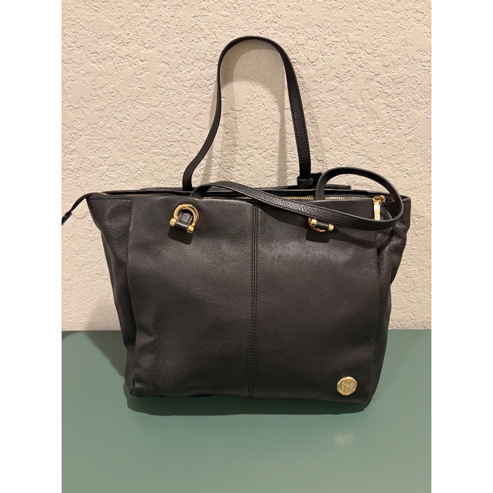 Vince Camuto Black Pebbled Leather Tote Bag Gold Hardware Zip Top Shoulder Bag